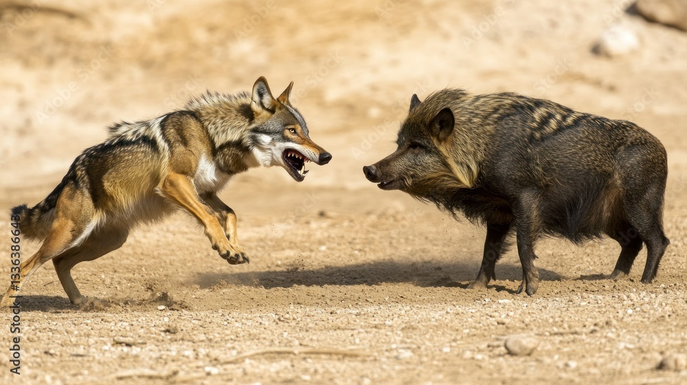A snarling wolf and a pig facing each other outdoors A snarling wolf and a pig facing each other outdoors