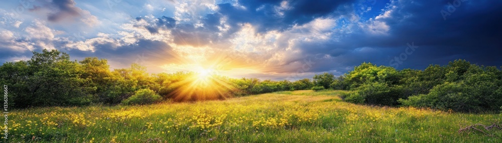 Obraz premium The sun shines over a green field with bright yellow flowers