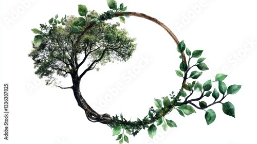 Watercolor Tree Art with Soft Borders and Green Leaves in a Circular Design