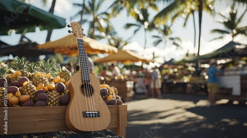 Lively Hawaiian Farmers Market with Ukulele and Fresh Produce Under Swaying Palm Trees