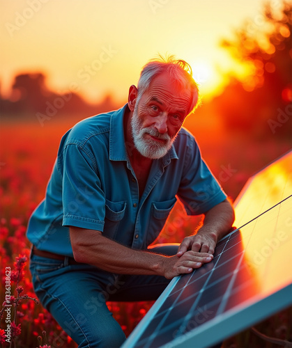 Transformando el Sol en Energía: Hombre Trabajando en Paneles Solares Durante el Atardecer
