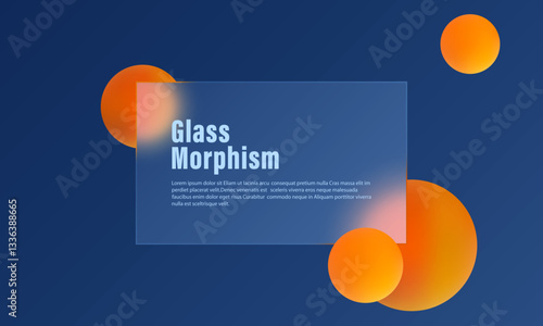 Background with transparent panel and floating orange spheres in glass morphism style. Website landing page template.