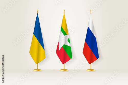 Diplomatic Meeting Representation, Ukraine, Myanmar and Russia Flags. Flags on Diplomatic Stands.