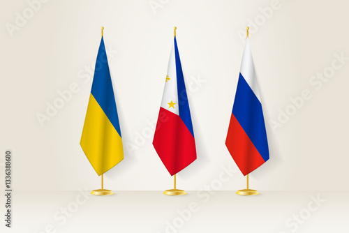 Diplomatic Meeting Representation, Ukraine, Philippines and Russia Flags. Flags on Diplomatic Stands.