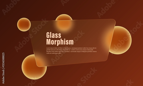 Brown gradient background with imitation glass banner with glowing spheres. Website landing page template in glass morphism style.