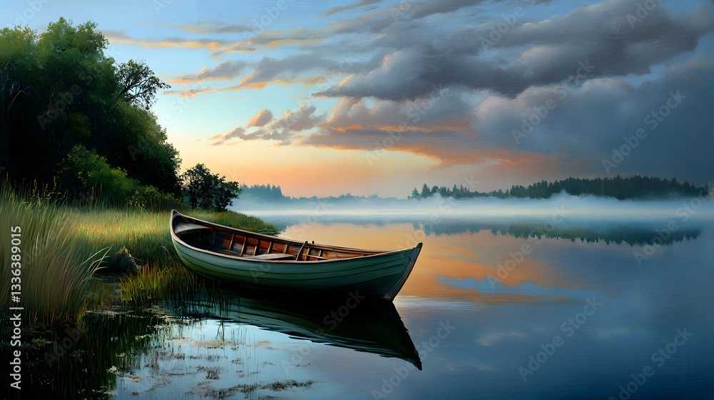 Fototapeta premium Serene Sunrise Rowboat on Misty Lake at Dawn Tranquil Water Reflections