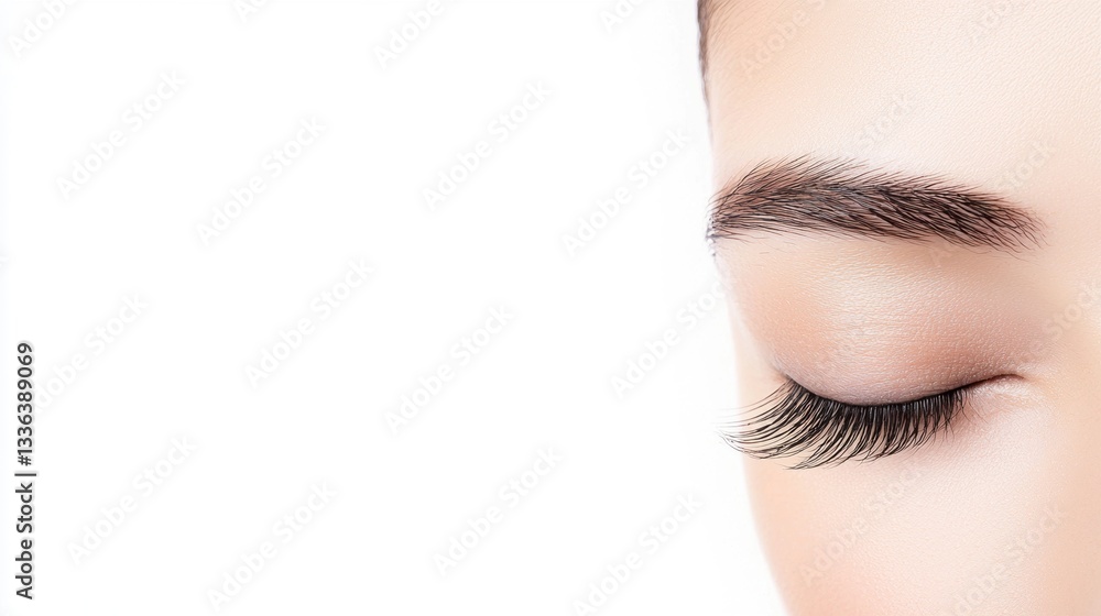 Naklejka premium Close-up of a woman's eye. the eye is closed and the eyelashes are long and full. the eyebrow is neatly groomed and well-defined. the skin around the eye is a light beige color.
