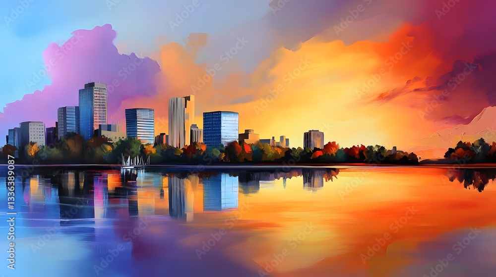 Fototapeta premium Vibrant City Skyline Reflected in Calm Water at Sunset Stunning urban landscape panorama