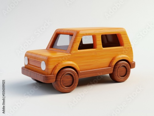 Wooden Toy Car on White Background, Cute and Charming Design for Children's Playtime and Educational Use
