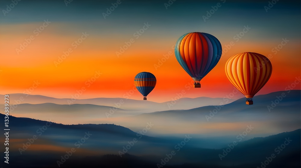 Fototapeta premium Scenic Sunrise Hot Air Balloons Soaring Over Misty Mountains