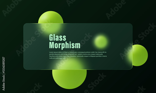 Dark gradient background and transparent matte panel with overlay effect on bright green colored spheres. Website landing page template in glass morphism style.