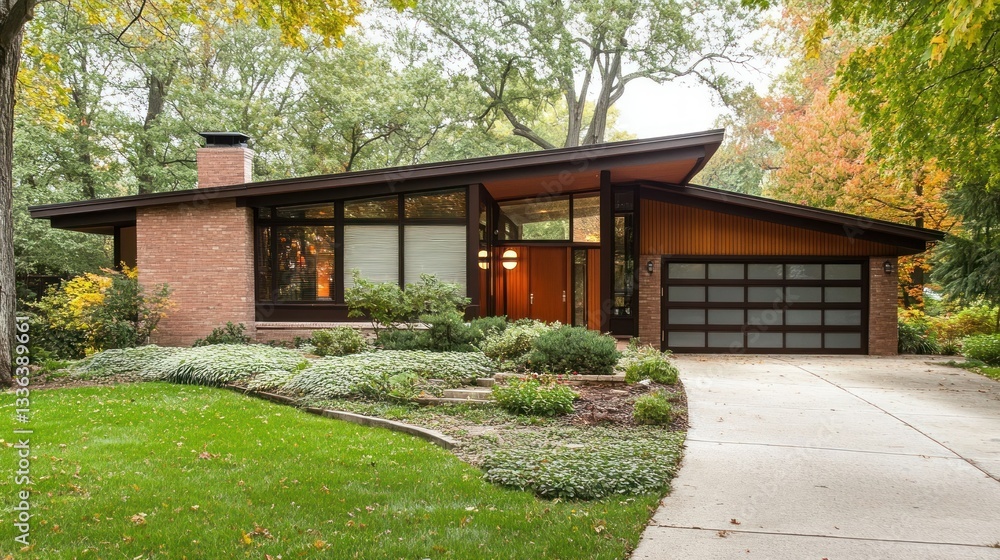 A modern single story house with sloping roof and brick chimney A modern single story house with sloping roof and brick chimney
