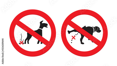 Dog Waste Signs: No Dog Poop and No Pissing - No Poo and No Pee | Essential Circular Signage for Responsible Dog Owners | Vector Illustration