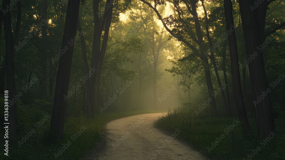Fototapeta premium A winding path through a mysterious forest shrouded in morning mist