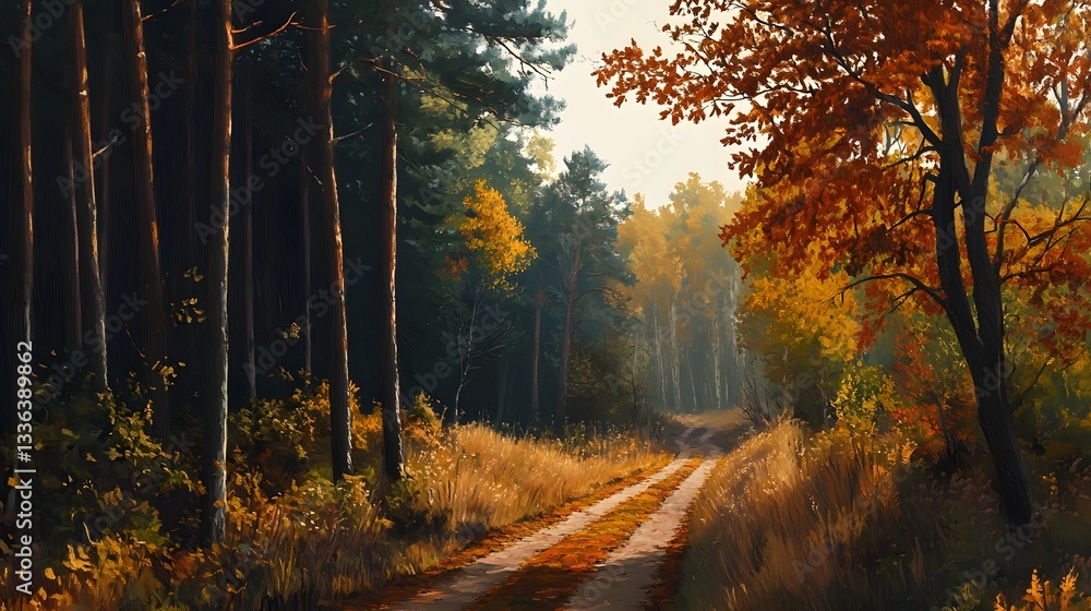Obraz premium Autumnal Forest Path Sunlit Dirt Road Through Colorful Trees