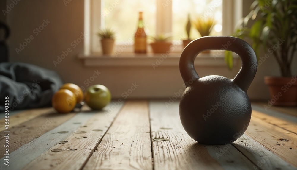 Fototapeta premium Kettlebell on a wooden floor with plants and a bottle in a cozy workout space