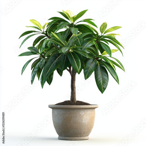 Lush indoor potted plant with vibrant green leaves and textured pot on white background for home decor or interior design