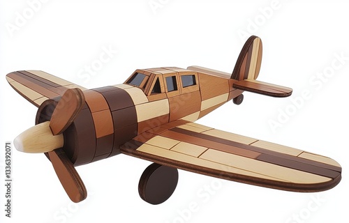 Wooden airplane toy model with intricate design and craftsmanship showcasing vintage color patterns and natural textures for children's play