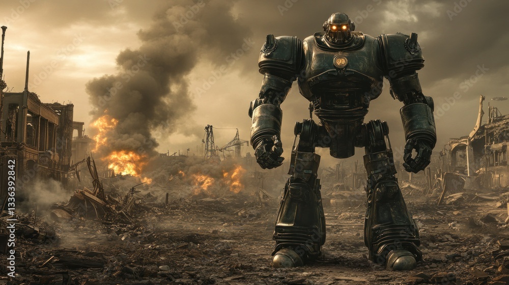 A large robot stands amidst the destruction of a cityscape A large robot stands amidst the destruction of a cityscape