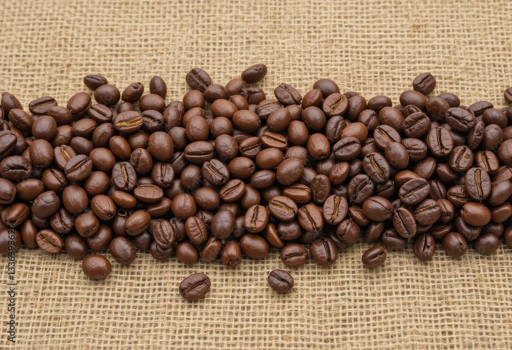 Close-Up Gourmet Roasted Coffee Beans Textured Burlap Background - Coffee Shop Marketing Coffee Culture Promotion Close-Up Gourmet Roasted Coffee Beans Textured Burlap Background - Coffee Shop Marketing Coffee Culture Promotion