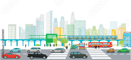 städtische Straße mit Strassenverkehr und Hochbahn und Fussgönger , Illustration..eps