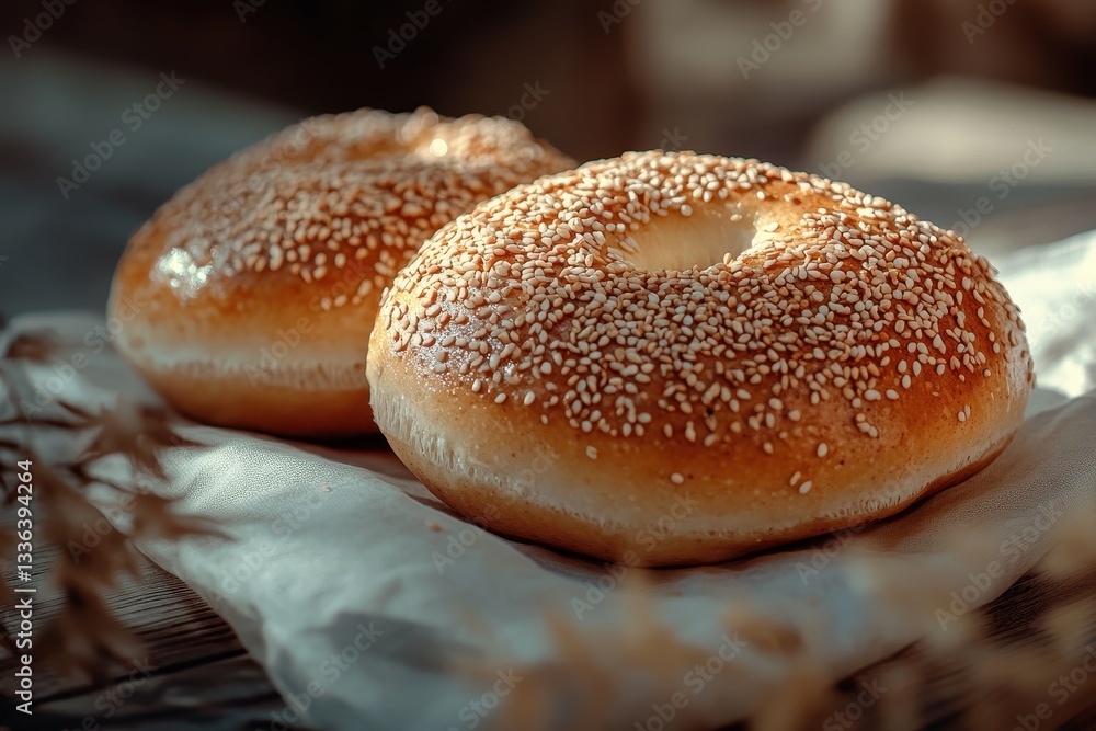 Two freshly baked sesame seed bagels on a cloth background. Two freshly baked sesame seed bagels on a cloth background.