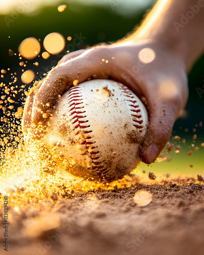 Wallpaper Mural Dirty baseball being gripped in hand, dust and light flares Torontodigital.ca