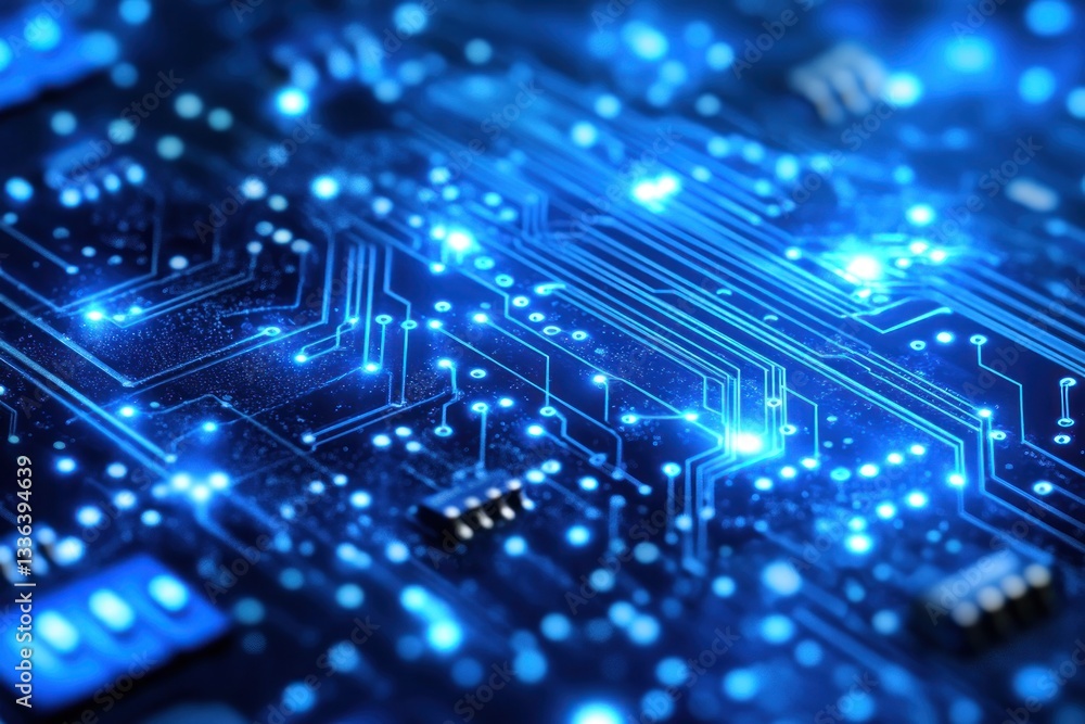 Close-up view of a glowing circuit board with blue lights and details Close-up view of a glowing circuit board with blue lights and details