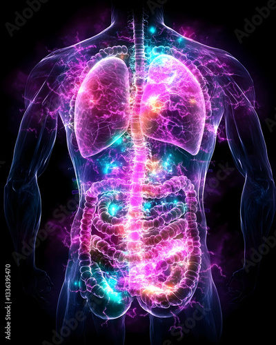Energy flowing through human torso, highlighting internal organs