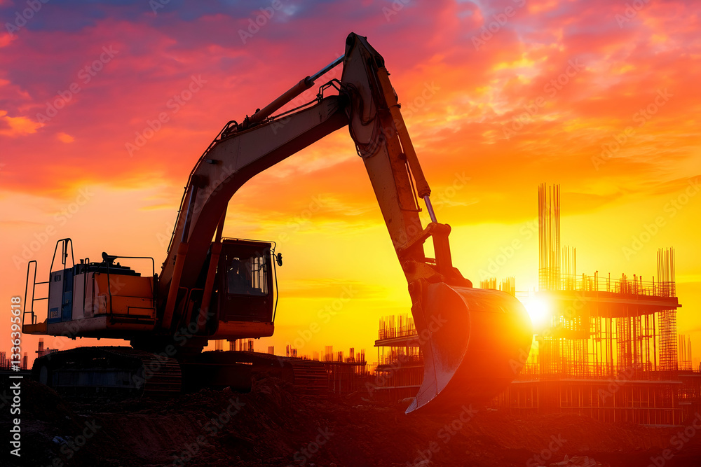 Excavator silhouetted against a vibrant sunset at a construction site Excavator silhouetted against a vibrant sunset at a construction site