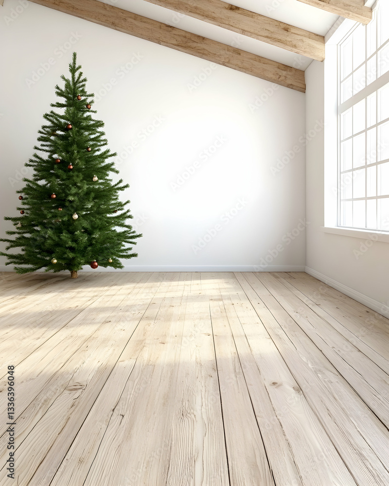 Festive Christmas tree in bright minimalist room with wooden floors and beams Festive Christmas tree in bright minimalist room with wooden floors and beams