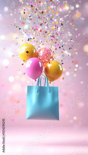 Festive pastel shopping bag lifted by colorful balloons amidst confetti