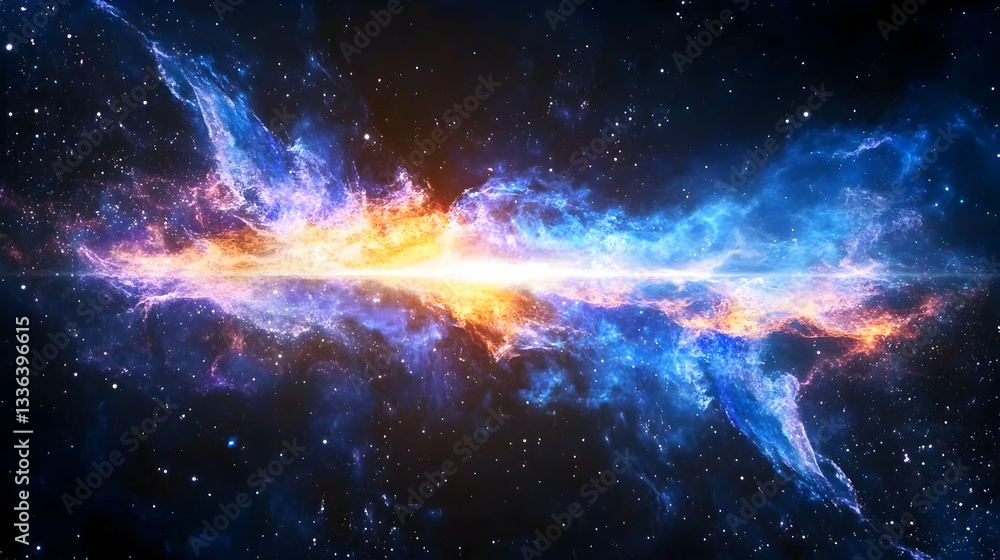 Fototapeta premium Fiery cosmic nebula with vibrant blue and orange hues, creating a dynamic interstellar scene