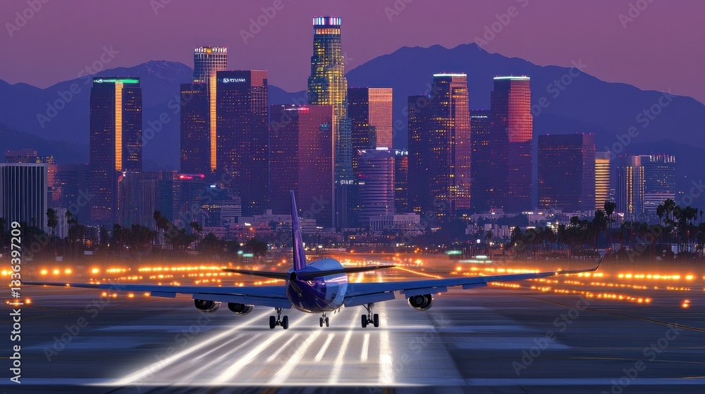 Naklejka premium An airplane landing at night with city skyline in background