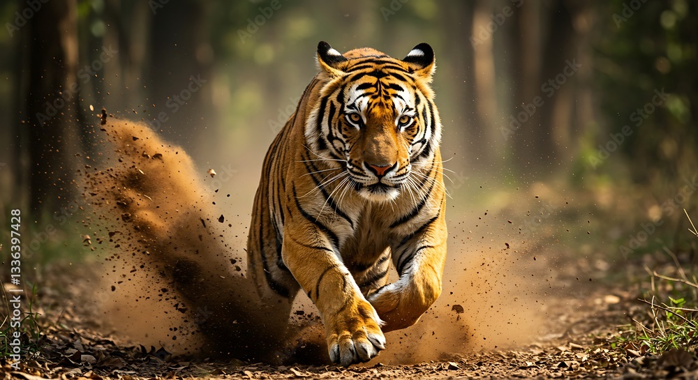 Fototapeta premium Majestic Tiger in Action, Running Through the Forest. Generative Ai
