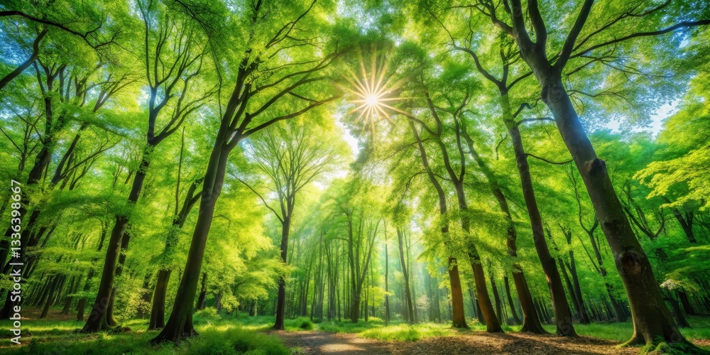 Obraz premium Sunbeams Illuminate Lush Green Forest Canopy, Creating a Magical Atmosphere of Tranquility and Natural Beauty