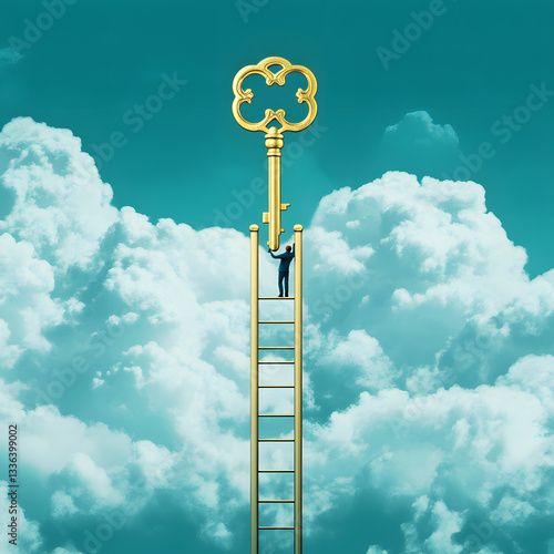 A man is climbing a ladder to reach a golden key