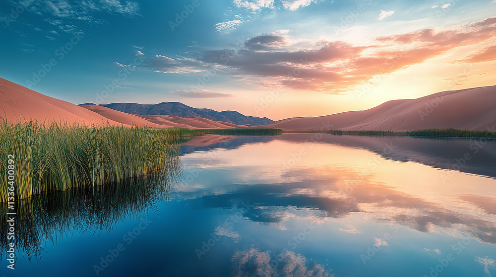 Fototapeta premium Stunning desert oasis at sunset with reflective water and dunes in tranquil landscape