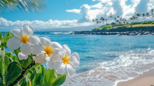Beautiful tropical beach and flowers. Selective focus.
