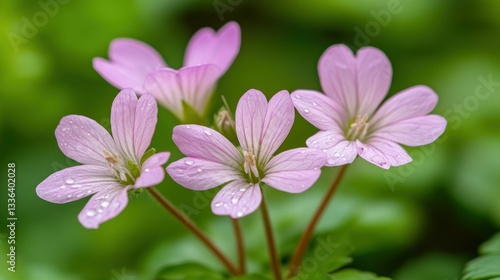 Delicate pink flowers displaying water droplets with their green leaves