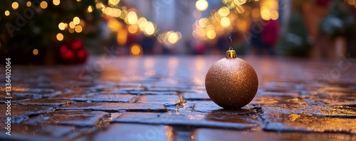 Defocused christmas market - Wet paving stones of a street after it rained at night, with bokeh lights and reflection