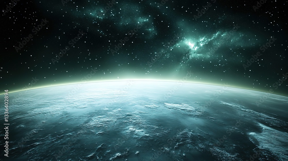 Fototapeta premium Celestial darkness engulfs the North Pole with faint auroras, a rare cosmic spectacle.