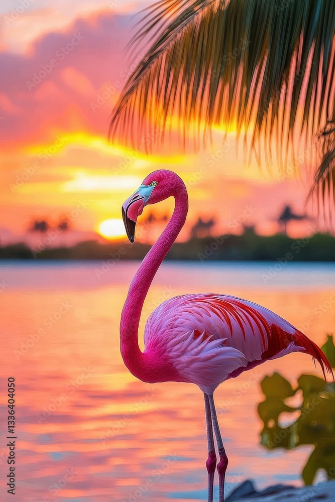 Fototapeta premium Pink flamingo at sunset on the beach. Selective focus.