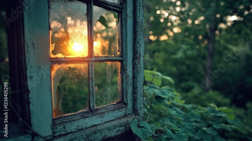 Sunlight shines through a broken window within green foliage