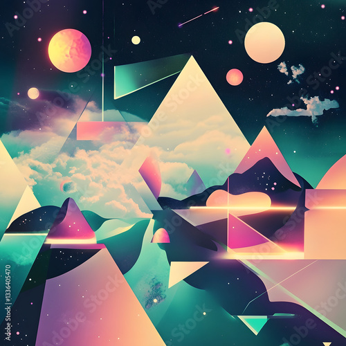 A colorful space scene with mountains and planets