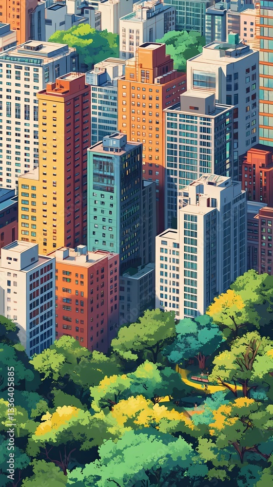 Obraz premium A vibrant city skyline featuring diverse skyscrapers surrounded by lush greenery, blending urban architecture with nature.