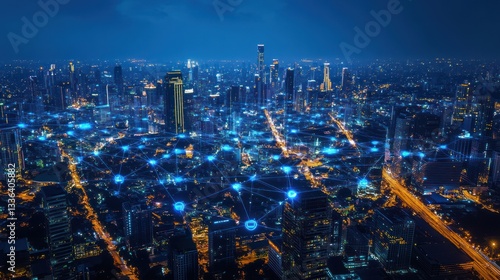 Wallpaper Mural Night cityscape aerial view with connected network. Possible stock photo use showcasing modern urban connectivity Torontodigital.ca