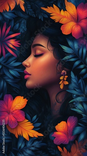 A stunning portrait of a woman surrounded by vibrant foliage and flowers, showcasing beauty, elegance, and exotic allure in rich colors.