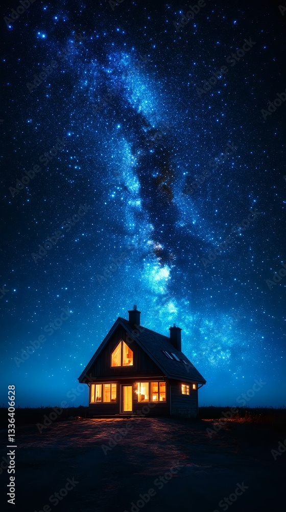 Fototapeta premium A cozy house illuminated under a breathtaking starry night sky, showcasing a vibrant Milky Way galaxy. Perfect for nature and night photography lovers.