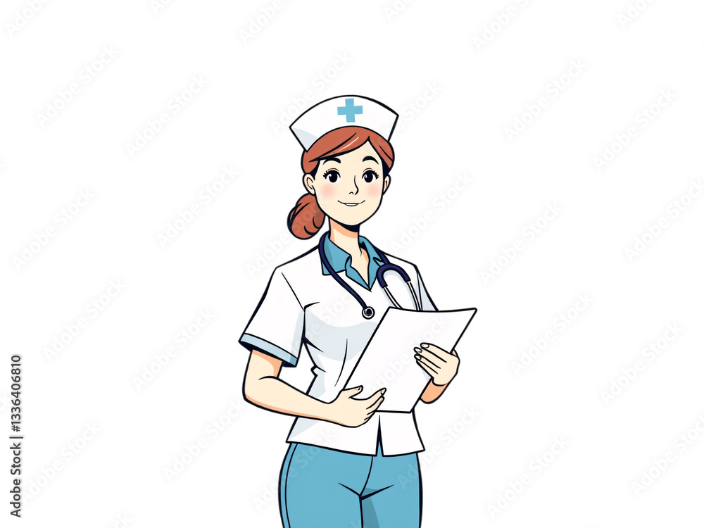 A friendly female nurse with auburn hair, wearing a white uniform, blue pants, and a stethoscope around her neck, holding a clipboard with a smile, isolated on a transparent background A friendly female nurse with auburn hair, wearing a white uniform, blue pants, and a stethoscope around her neck, holding a clipboard with a smile, isolated on a transparent background